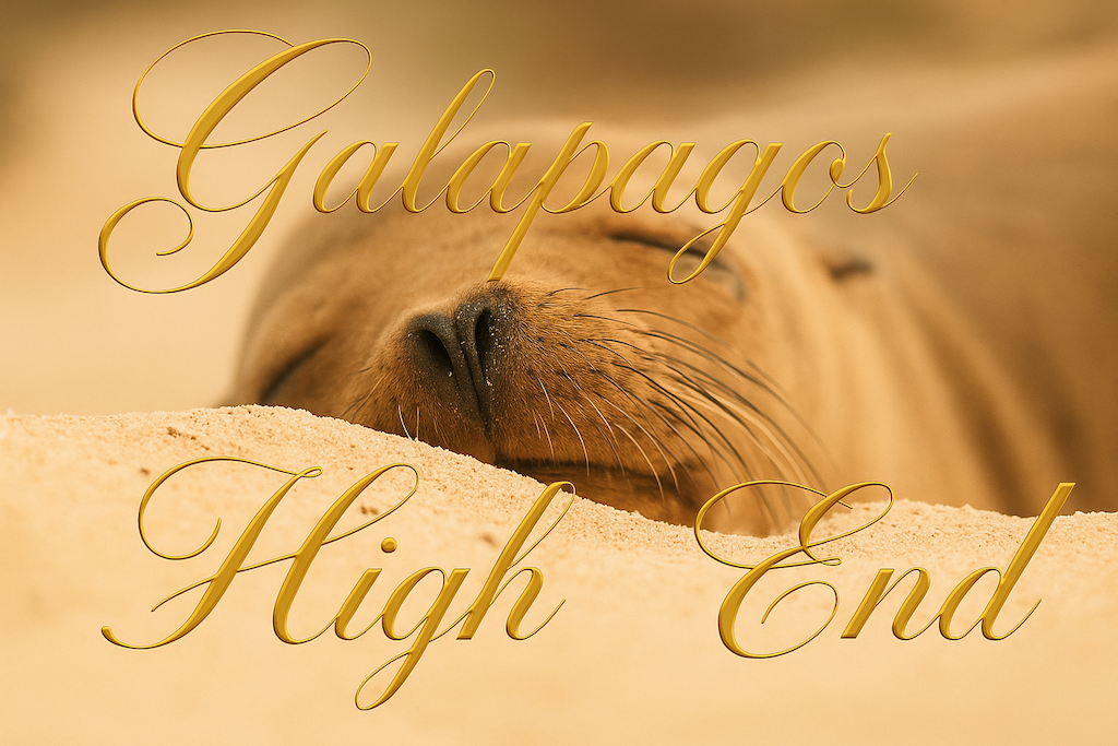 Galapagos sea lion close-up with gold 'Galapagos High End' text overlay